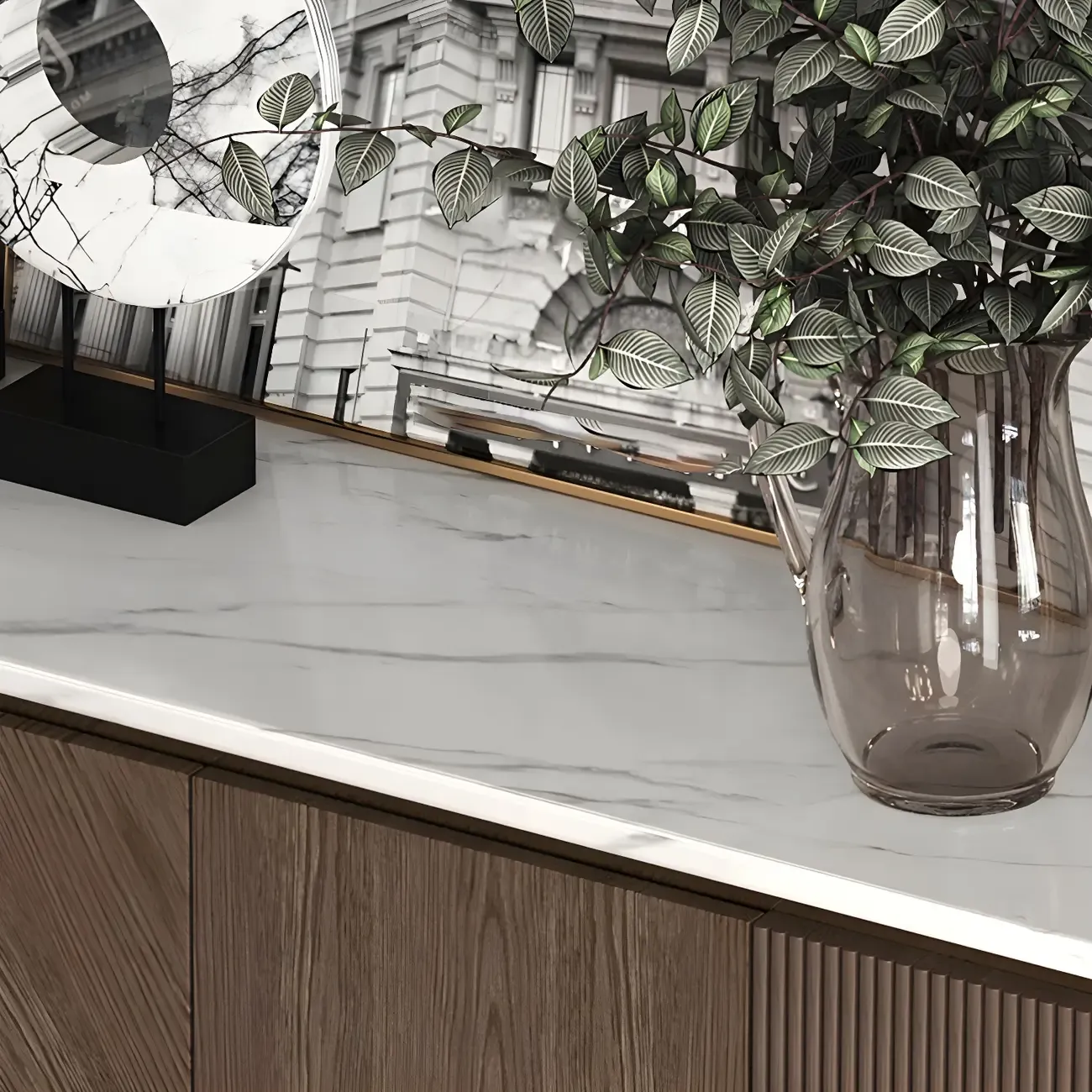 Glam Brown Wooden Sideboard with Marble Top