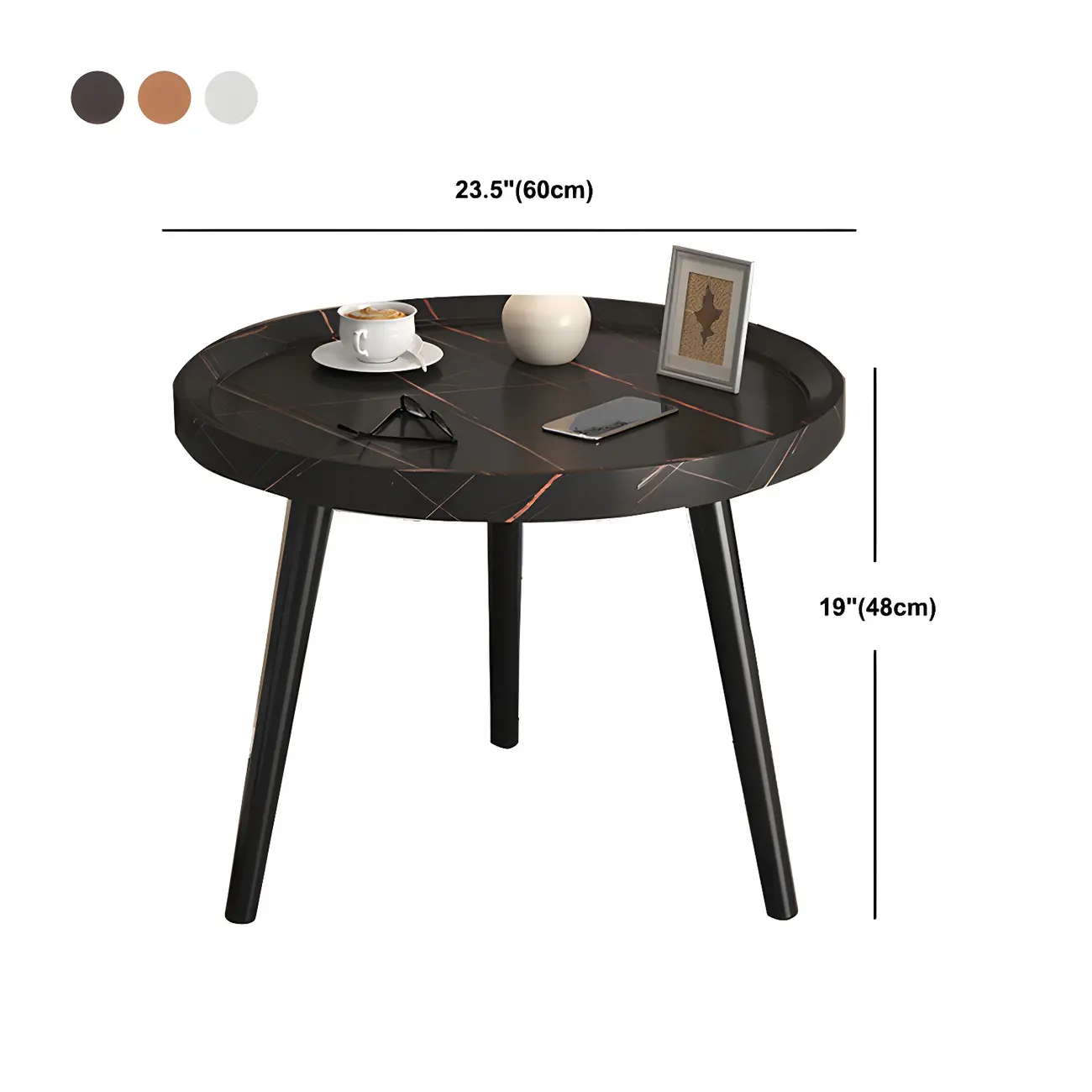 Natural Espresso Wood Small Round End Side Table with Tray Top & Shelf