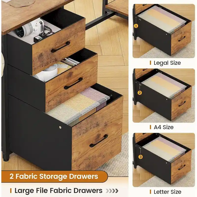 L Shaped Computer Desk 58 Office Desk with 3 Drawers and Bookshelf