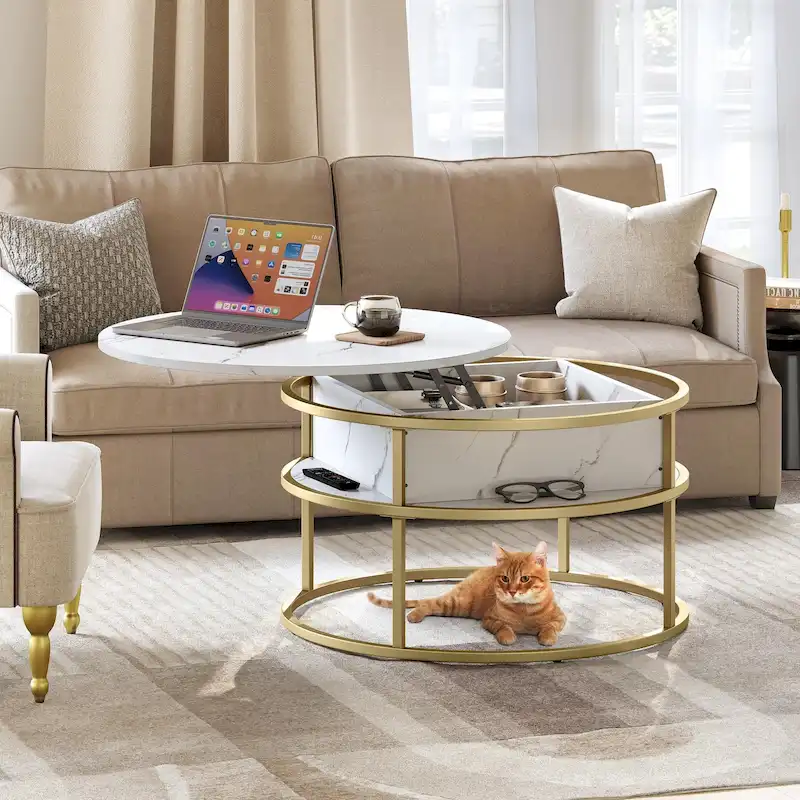 Moasis Farmhouse Lift Top Round Coffee Table with Hidden Storage and Shelf