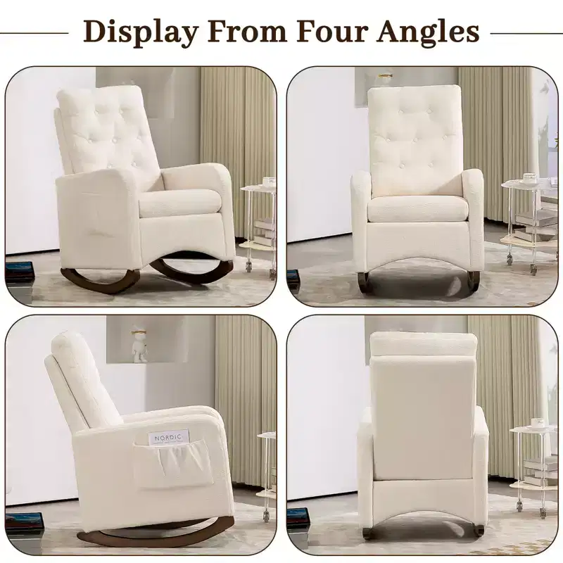 Upholstered Rocking Chair, Modern Wingback Accent Rocking Chair, Comfy Accent Armchair Chair, Rubber Wood Legs, High Backrest and Side Pocket