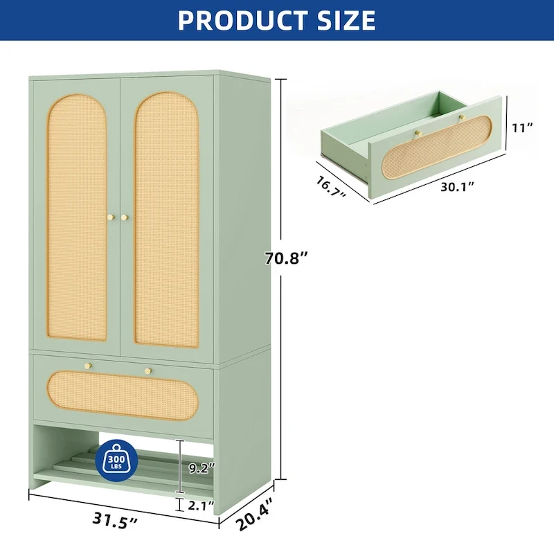 Moasis 70 Rattan Armoire Bedroom Wardrobe with Drawer & Hanging Rod