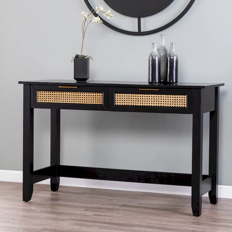 SEI Furniture Chekshire Mid-Century Modern Storage Console Table with Rattan Drawers