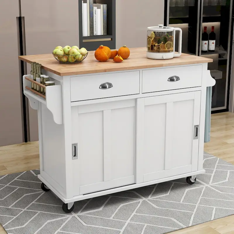Kitchen Cart With Rubber Wood Drop-Leaf Countertop(no include stool)