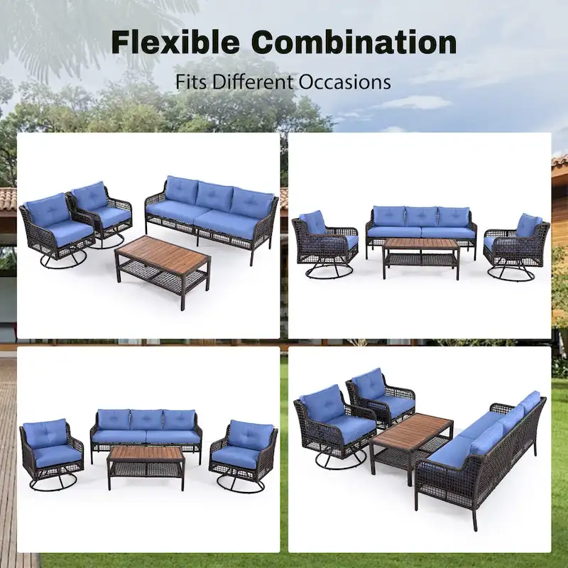 4-Piece Rattan Conversation Sofa Set with Swivel Chairs & Table