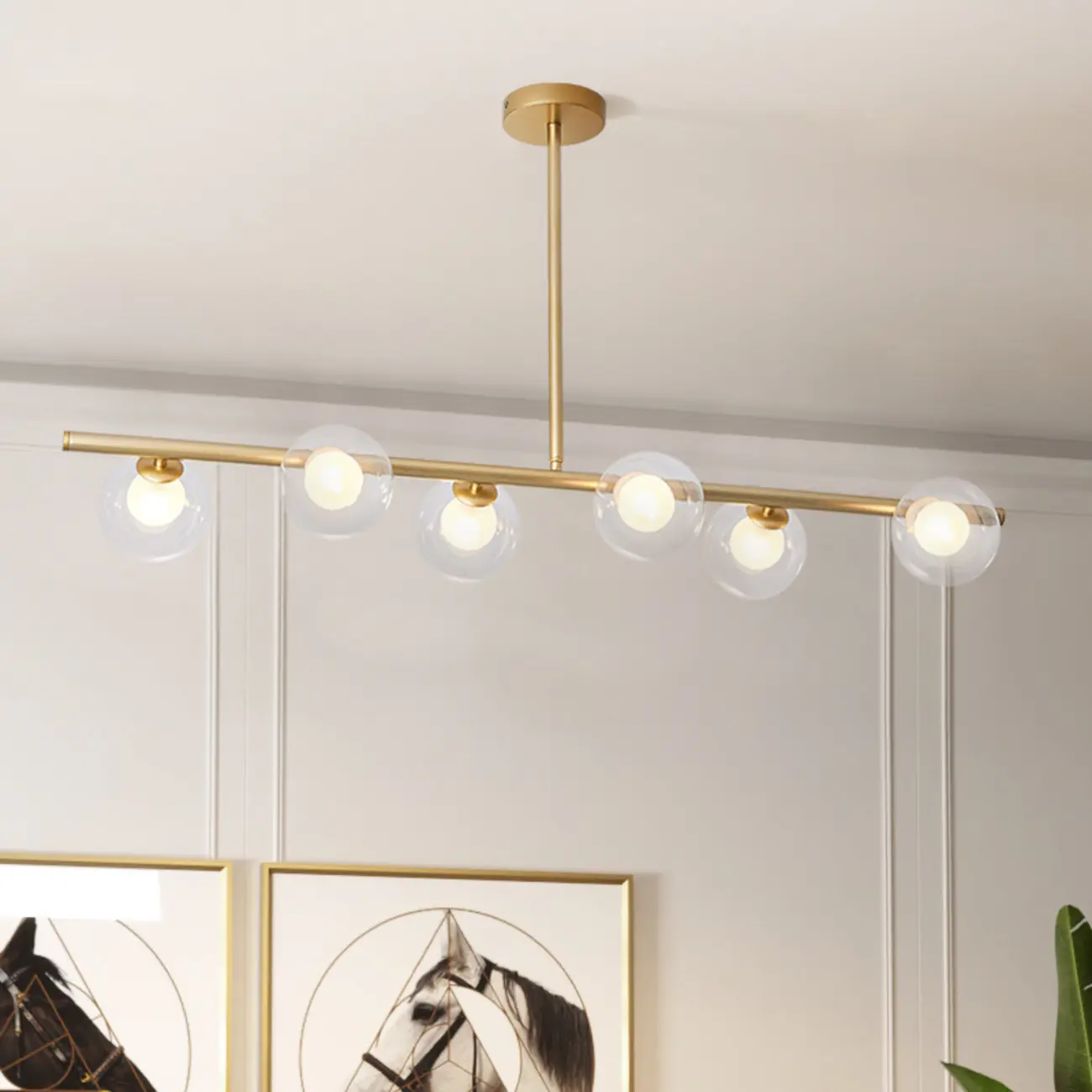 Gold Linear Island Light with 6 Lights Transparent Glass Globe Shades