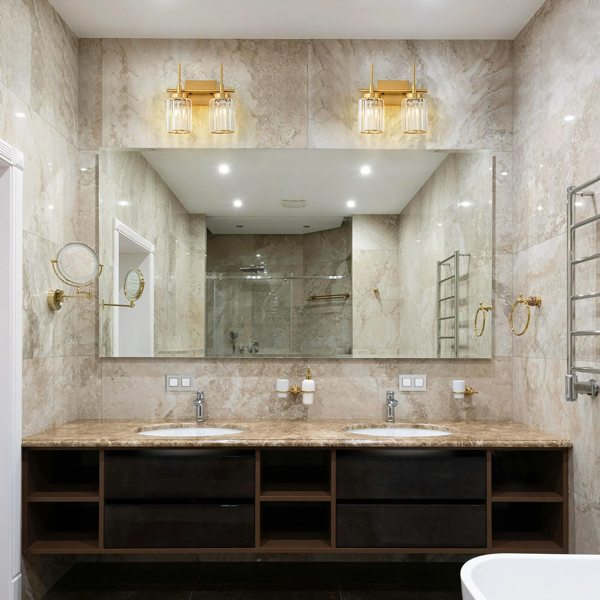 Modern Gold Dimmable Wall Light Glam Cylinder Bathroom Crystal Vanity Light Wall Sconces