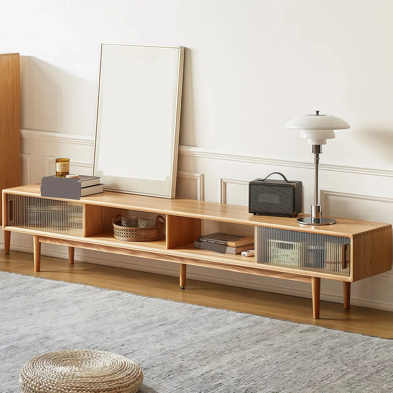 Natural Wood TV Stand with 2 Cabinets