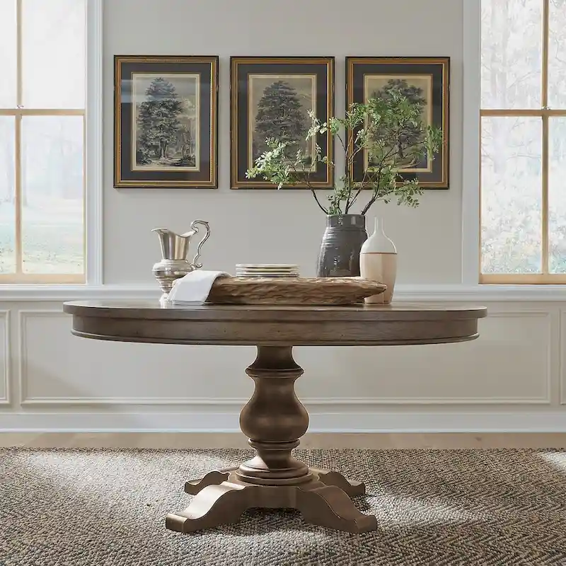Americana Farmhouse Dusty Taupe Pedestal Table Set with Dining Chairs Options