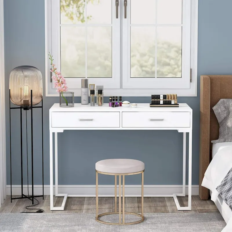 Small Desk with 2 Drawers, MDF Top & Gold Metal Frame, 39.37