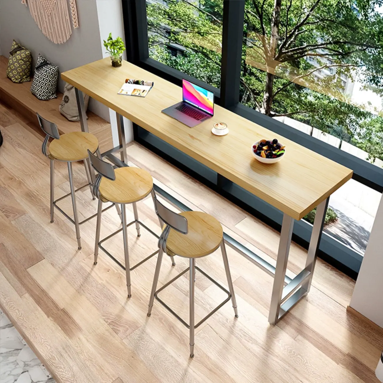 Modern Rustic Pine Wood Top Iron Base Bar Table