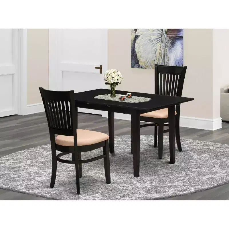 HomeStock 3-Pc Black Finish Rectangular Solid Wood Top With Butterfly Leaf Dining Table Set