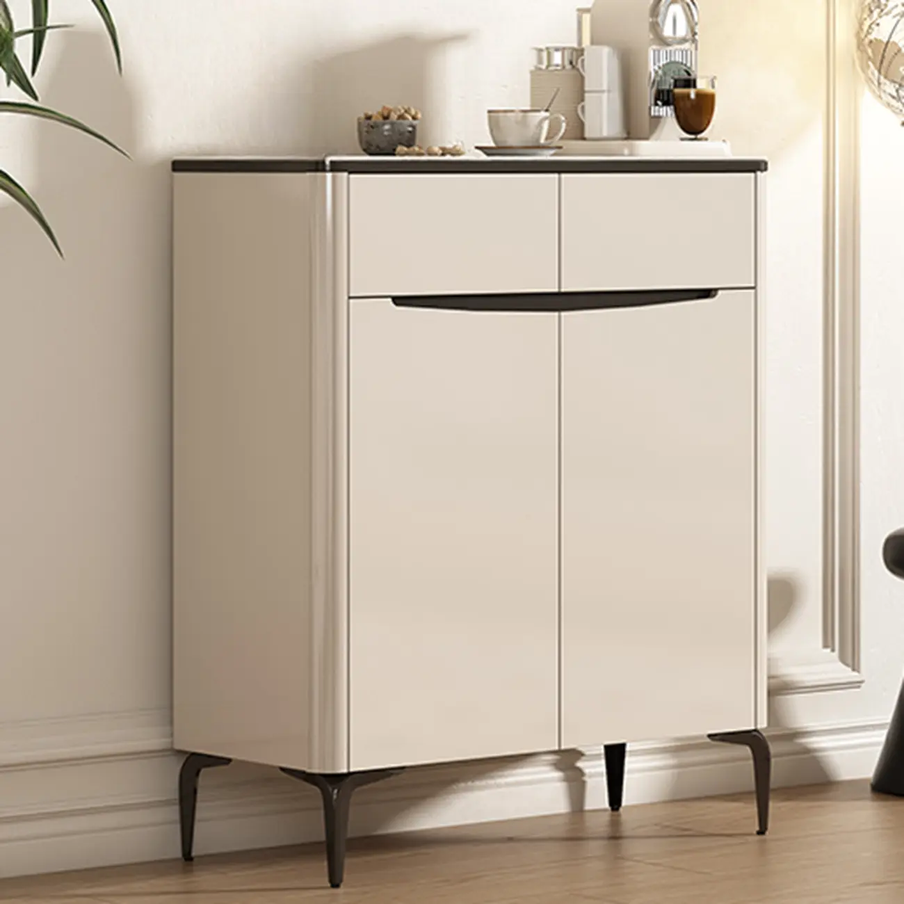 Khaki Wood Entryway Shoe Cabinet Marble Top