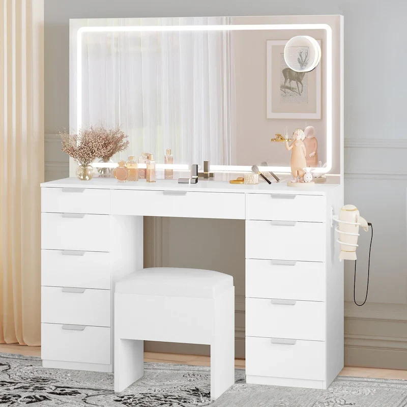 Moasis Makeup Vanity Table Set with Large LED Lighted Mirror and 11 Drawers - 46L*11.7W*55.9H