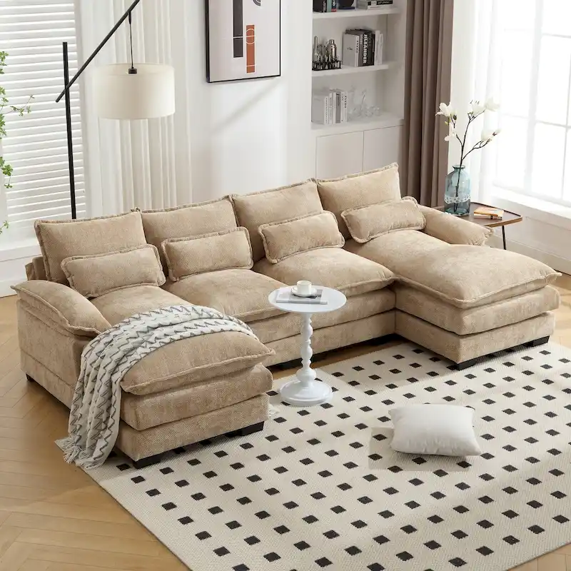 Chenille Upholstered U-Shaped Living Room Sectional Sofa With Wooden Legs