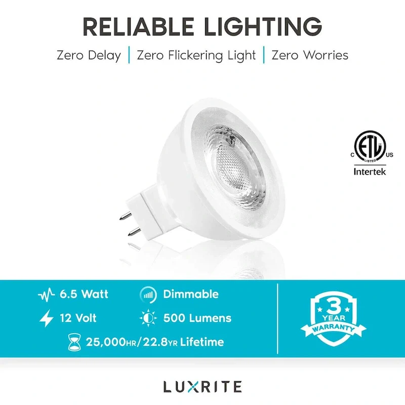 Luxrite MR16 LED Bulb 50W Equivalent, 12V, Dimmable, 500 Lumens, GU5.3 LED Bulb 6.5W, Enclosed Fixture Rated (6 Pack)