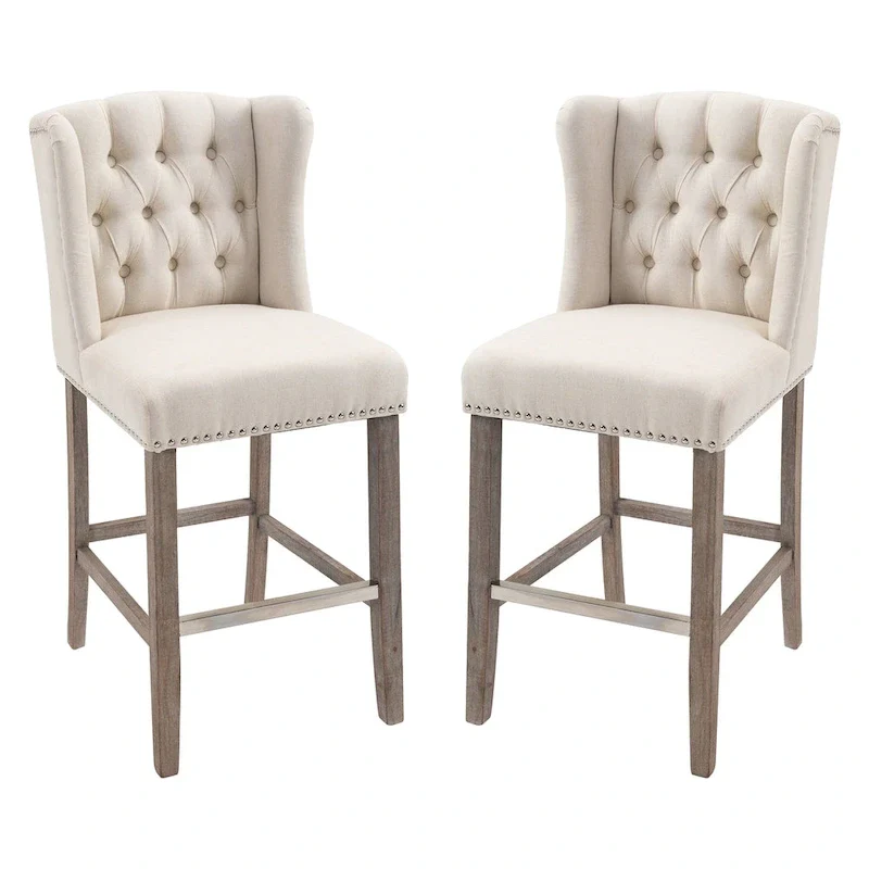 HOMCOM 2 Piece Counter Height Barstools Kitchen Breakfast Stools with Nailhead-Trim and Tufted Back, Solid Wood Legs