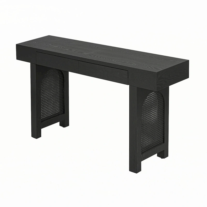 Narrow Console Table with Rattan Accent(Antique Black)