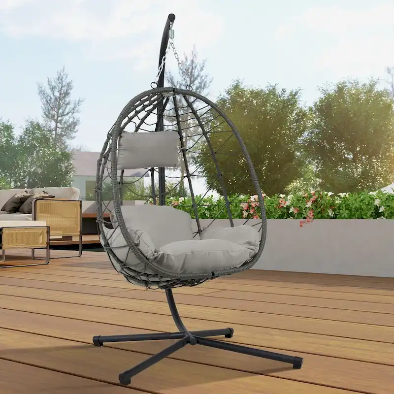 Egg Chair with Stand, Indoor Outdoor Swing Chair, Patio Hanging Egg Chair, Hanging Basket Chair with Stand for Bedroom, Balcony