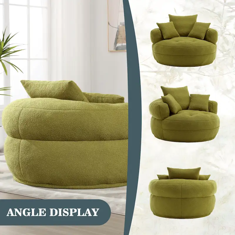 Boucle Upholstered Tufted Barrel Accent Living Room Chair With Toss Pillows