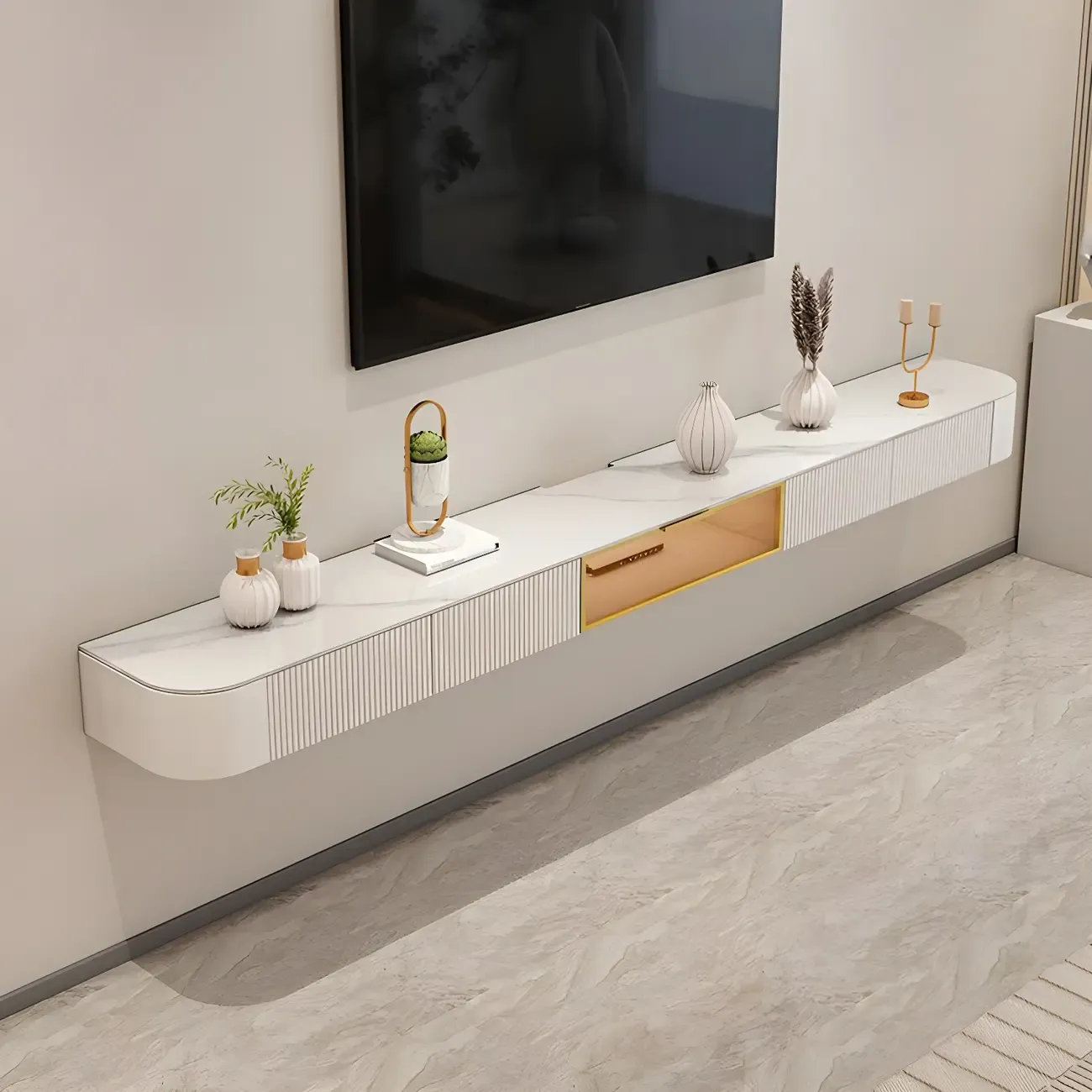 79 White Stone Floating TV Stand with Drawer & Cabinet