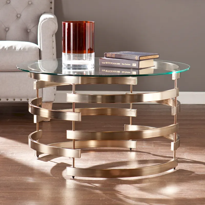 Round Glass Top Coffee Table – Champagne, Iron Base, Contemporary Style, Single
