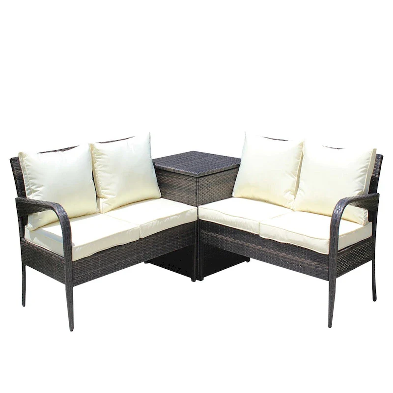 3-Piece Wicker Patio Conversation Set with Beige Cushion