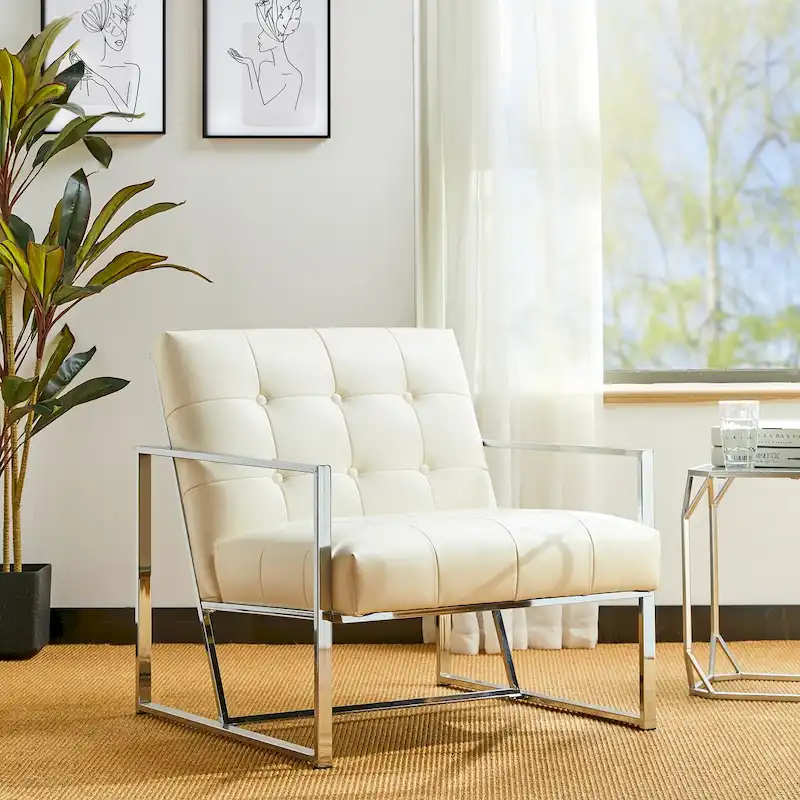 Glitzhome 30.50H Cream Mid-Century PU Leather Tufted Accent Chair with Chrome Plated Frame