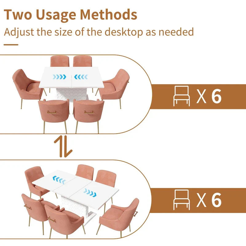 7-Piece Clihome High-gloss Extendable Table Velvet Chair Dining Set