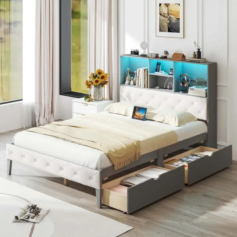 Costway Full Size Bed Frame with Bookcase Headboard Storage Bed with