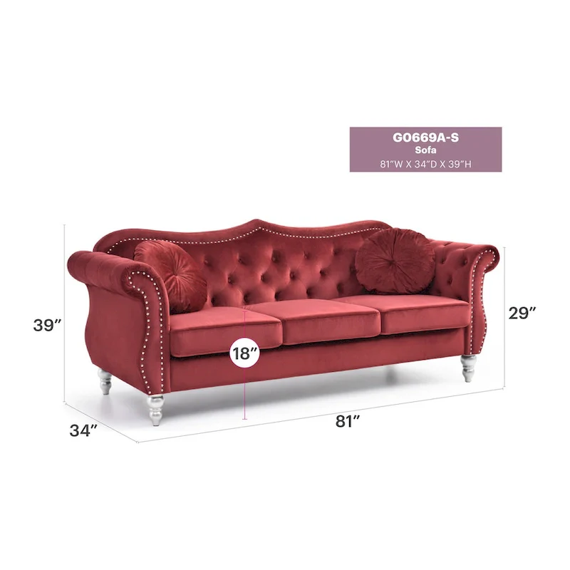 Hollywood 82 in. Velvet Chesterfield 3-Seater Sofa with 2-Throw Pillow - 82L x 35W x 34H