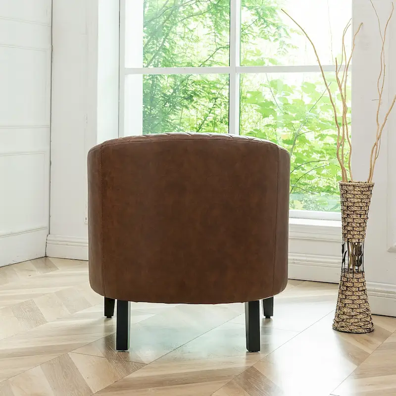 KINWELL PU Leather Tufted Barrel Chair Club Armchair with Nailheads