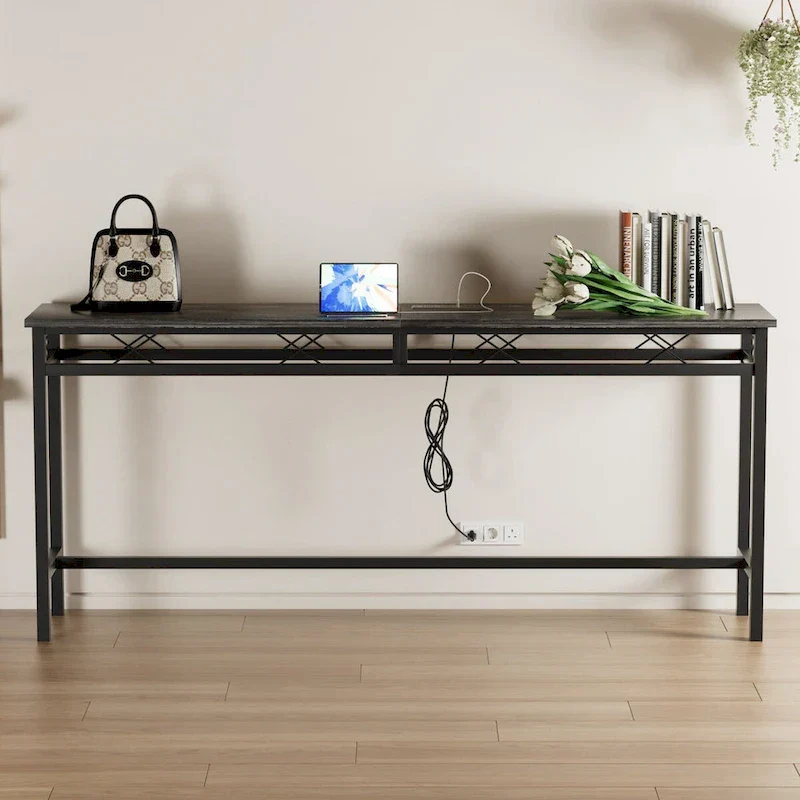 Console Table with Charging Station & USB Ports, Charcoal Gray