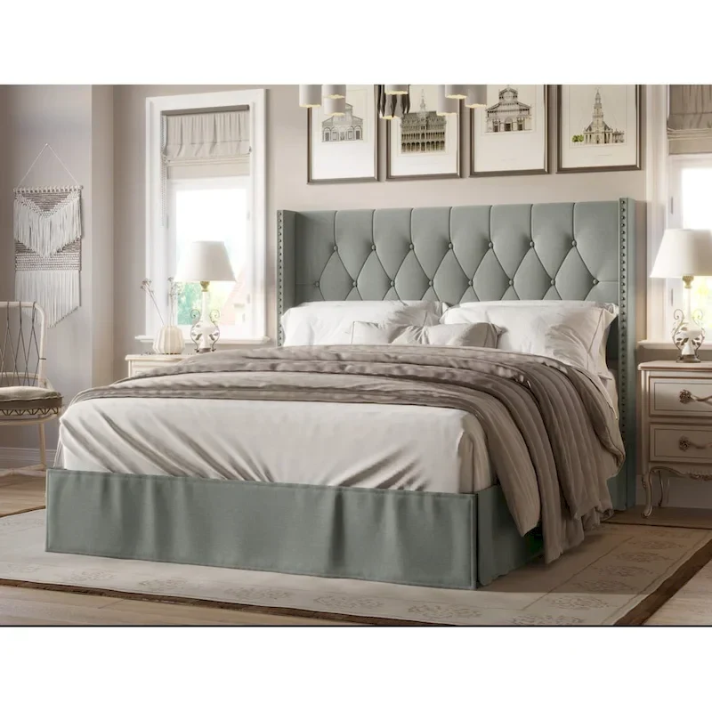 Tufted Upholstered Panel Bed, Wingback Headboard, Nailhead Trim, Seats 2, Grey/Black/Beige/Denim Blue, Twin/Full/Queen/King
