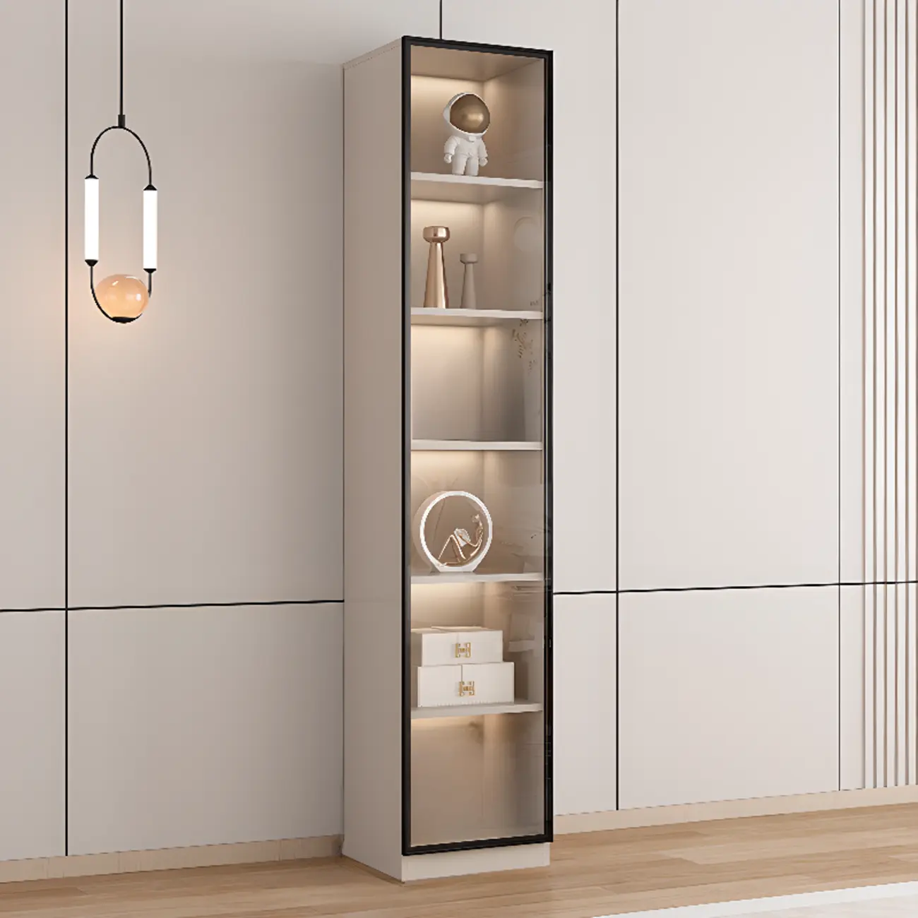 Natural Tall Glass Door Floor Display Cabinet with Storage