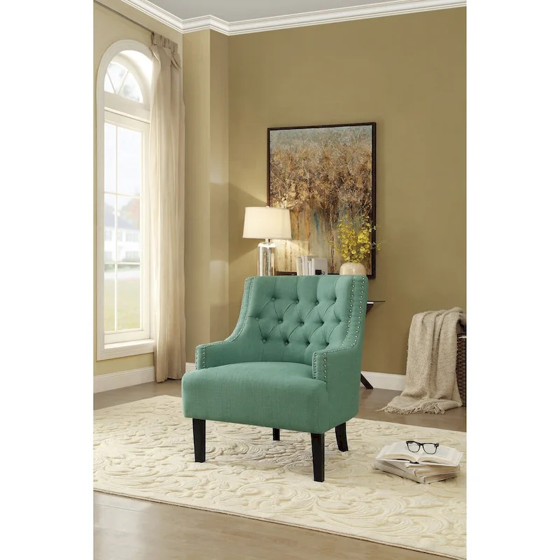 Teal Chenille Upholstered Accent Chair with Button-Tufted Back