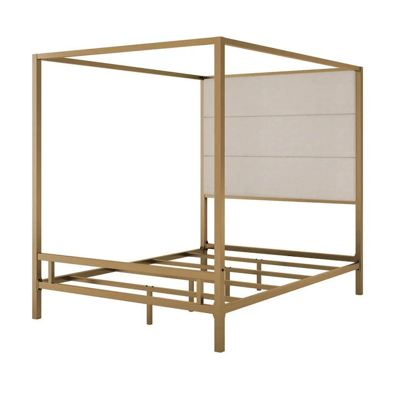 Sleek Modern Metal Canopy Bed with Tall Linen Upholstered Headboard