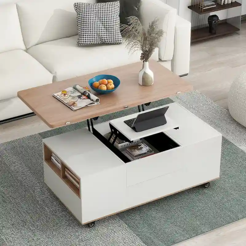 Modern Walnut & White Lift Top Coffee Table Multifunctional Table with Drawers & Shelves
