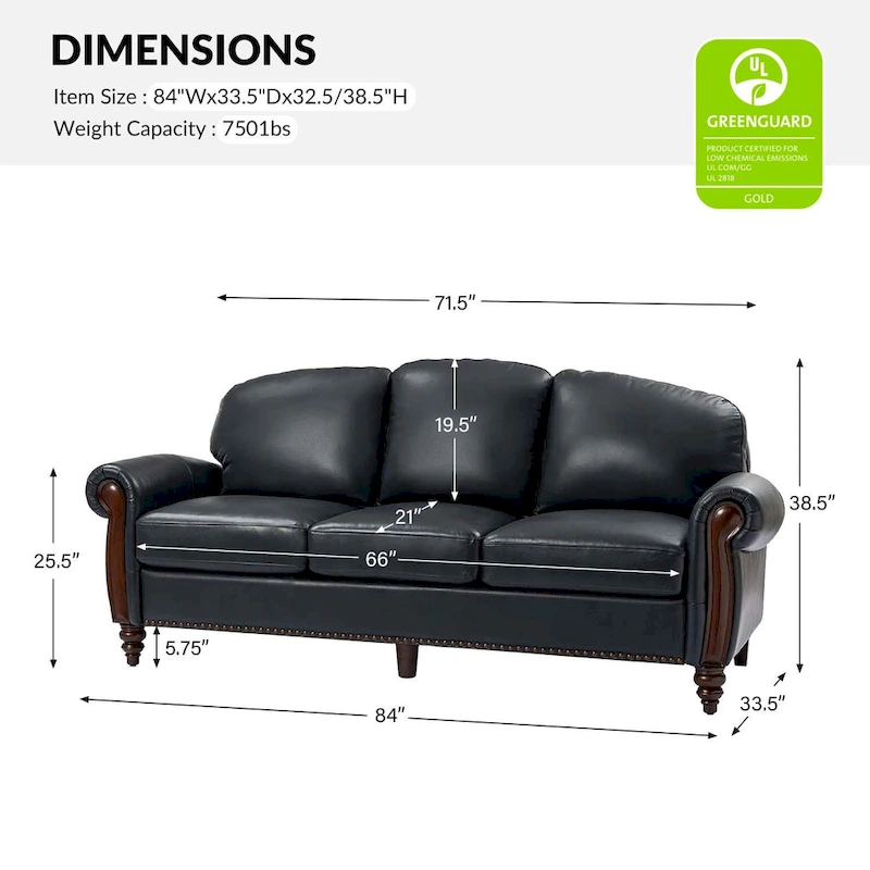 Eduard 84 Traditional Genuine Leather Sofa with Carved Wood Legs by HULALA HOME