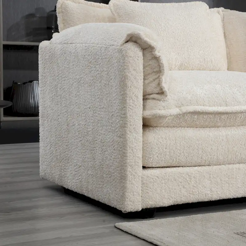 Beige 112.2 L-Shape 4-Seater Sectional Sofa in Modern Boucle Fabric with Removable Cushions and Detachable Armrests