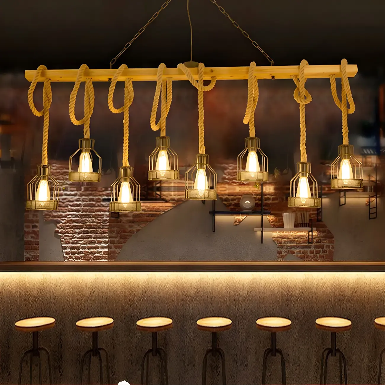 Industrial 8-Light Iron Bottle Pendant Light with Rope Decor