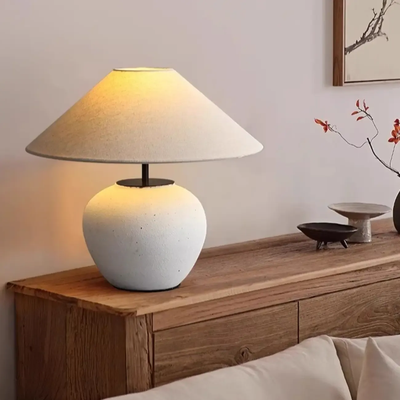White Ceramic LED Table Lamp with Fabric Shade