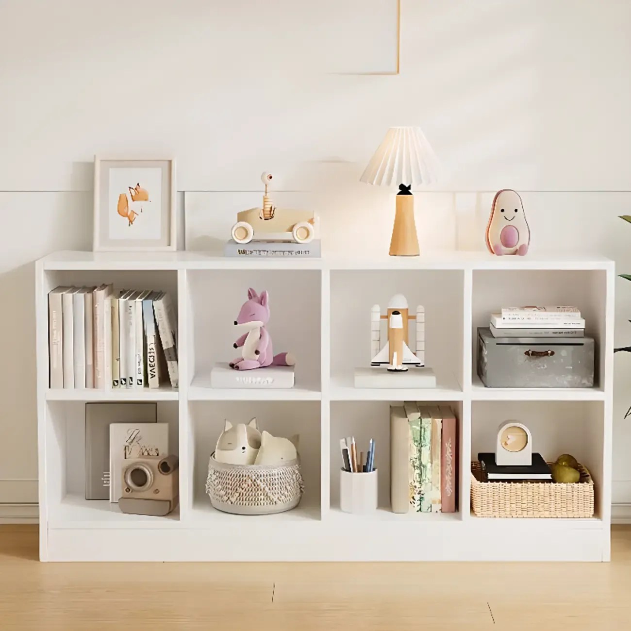 Wide 8-Cube White Wooden Storage Shelf Bookcase