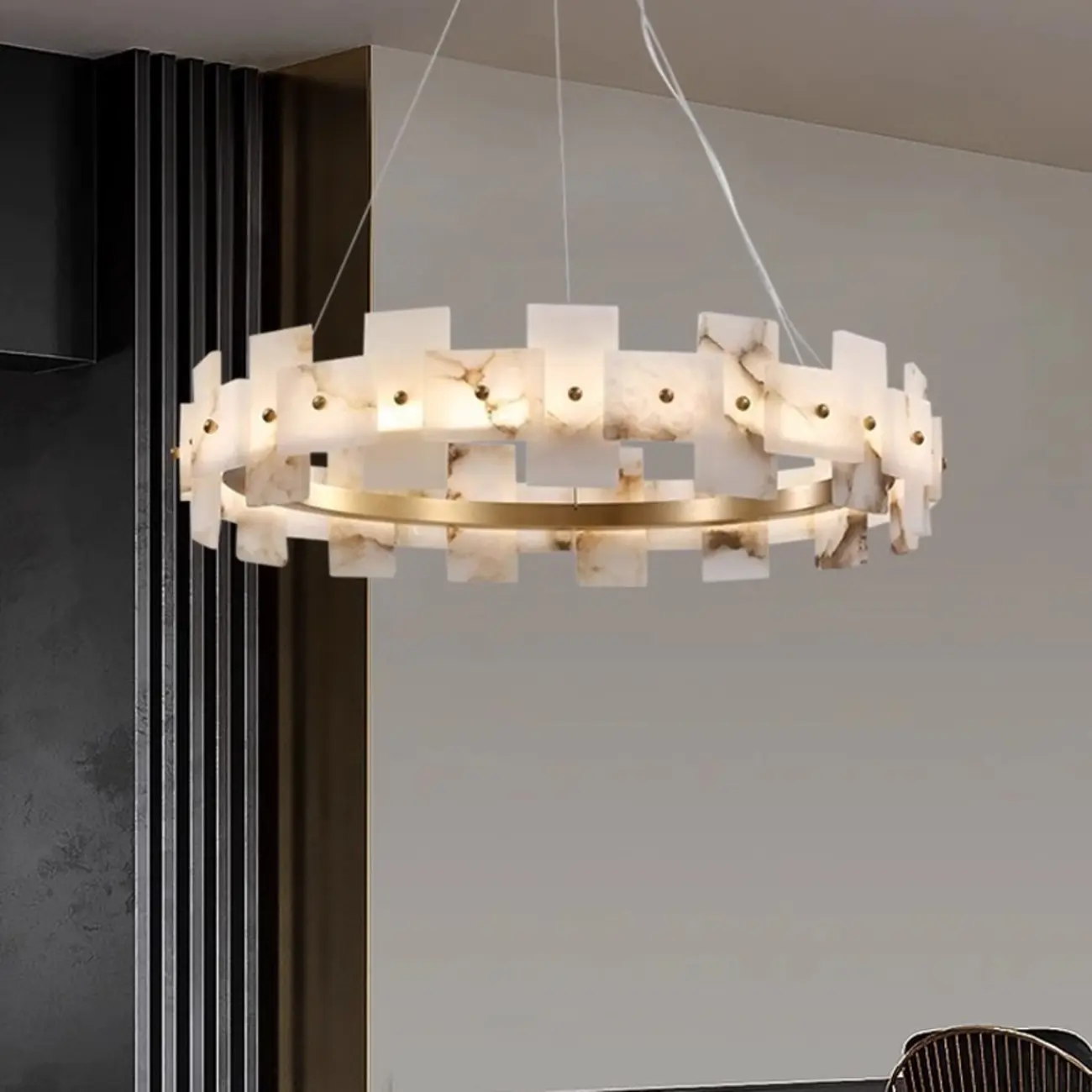 Geometric Gold-White 1-Tier Stone LED Chandelier