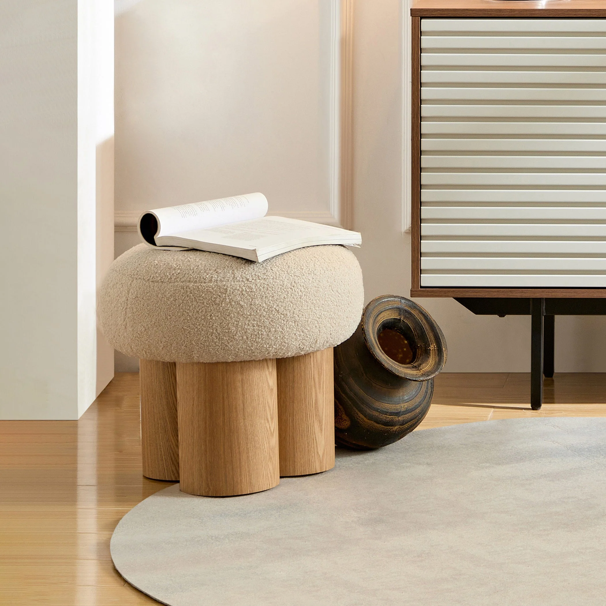 Walker Edison | Minimalist Curve Wooden Mushroom Boucle Stool