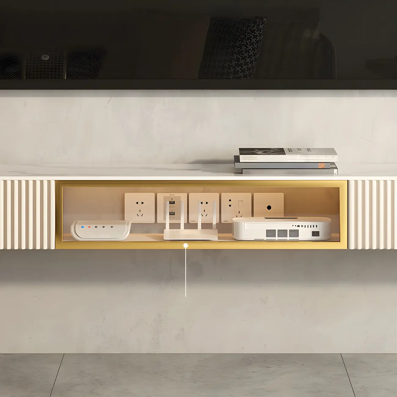 71 Beige Stone Floating TV Stand with Cable Management