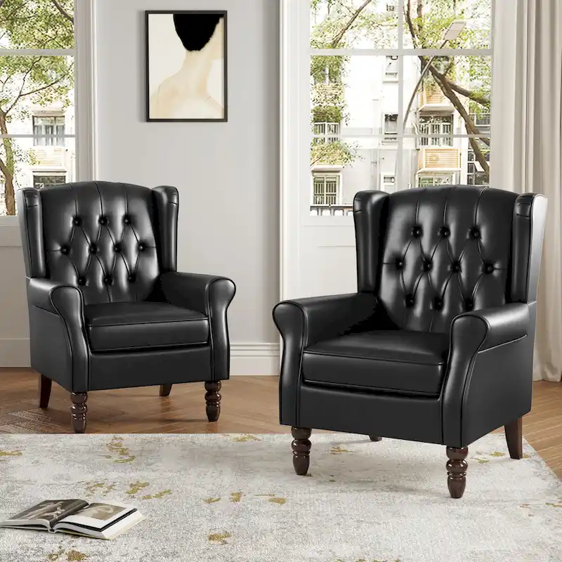 Set of 2 Vegan Leather Upholstered Button Tufted Accent Chair