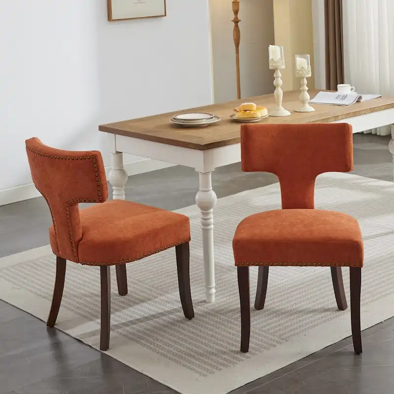 Dining Chairs Set of 2,Linen Fabric Upholstered Chair Curved Backrest with Copper Nails around,Chairs with Hardwood Frame