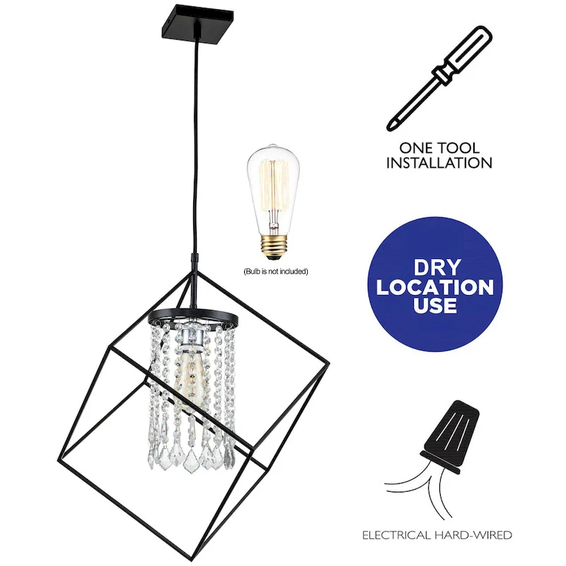 C Cattleya 1-Light Black Geometric Hanging Pendant Light with Cylinder Crystal Beads Shade