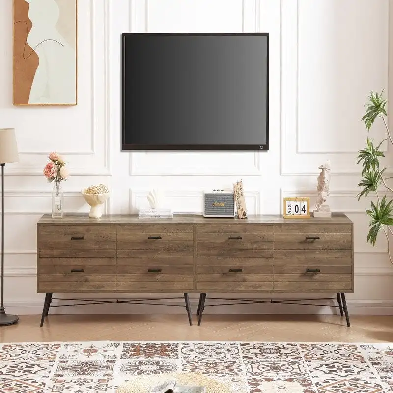 Modern Wooden Storage TV stand, Wood Legs TV Stand with Four Wide Drawers and Metal Handles, Chest of Drawers for Living Room